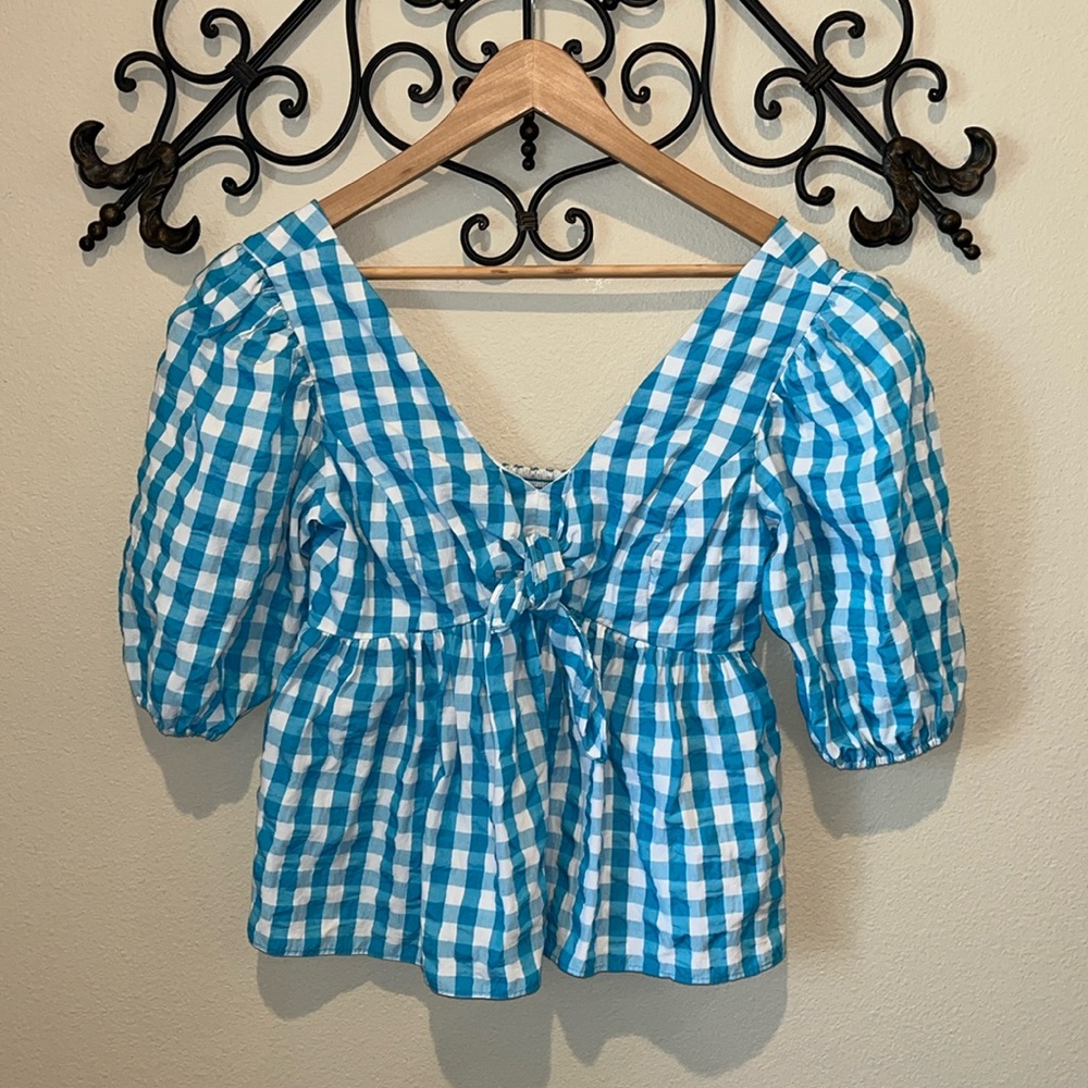 LILLY PULITZER "SARAFINA" SHORT SLEEVE BABYDOLL GINGHAM BLOUSE SIZE 2